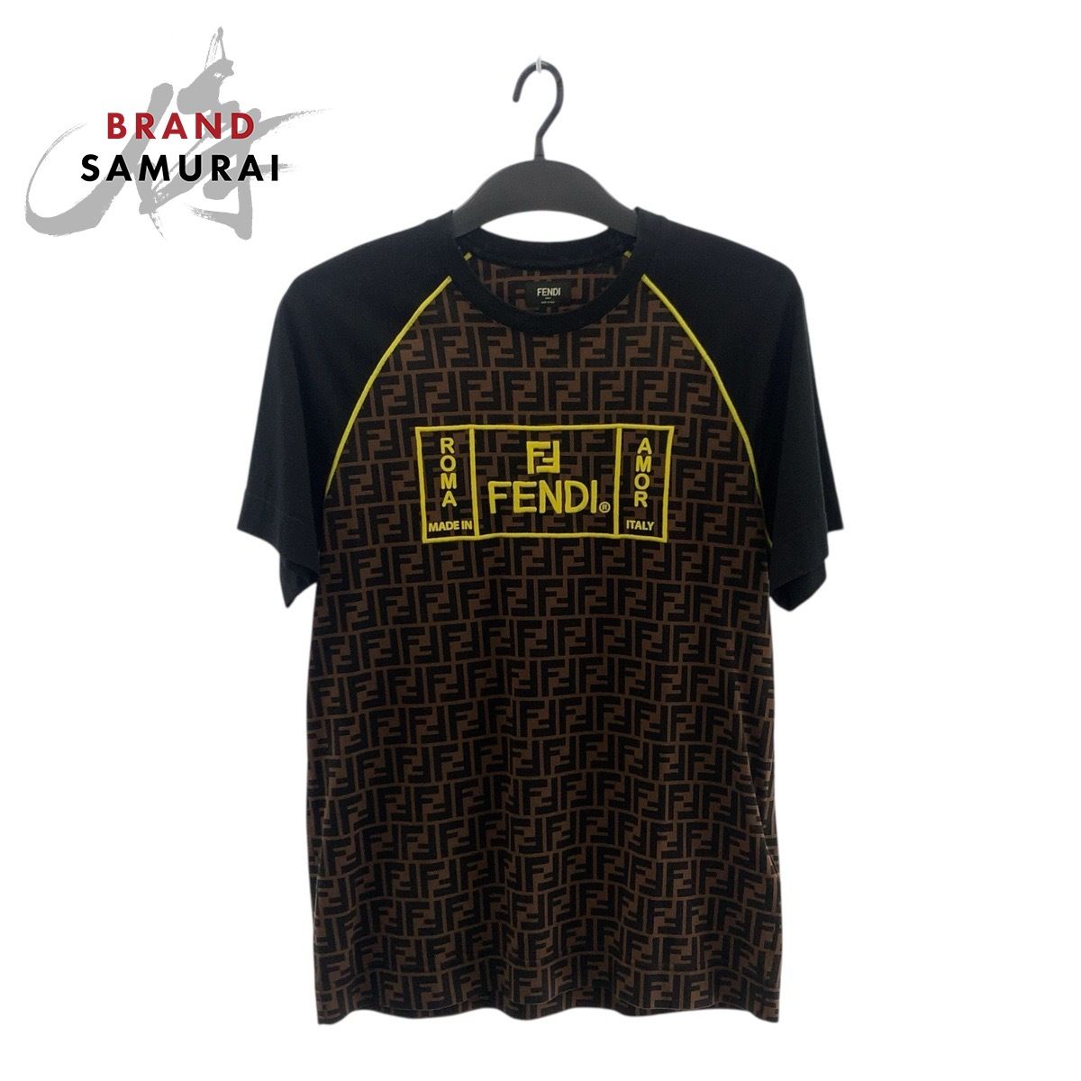 FENDI フェンディ ズッカ柄 ラグラン サイズS ブラウン イエロー コットン CA05904627 半袖Ｔシャツ メンズ 505525