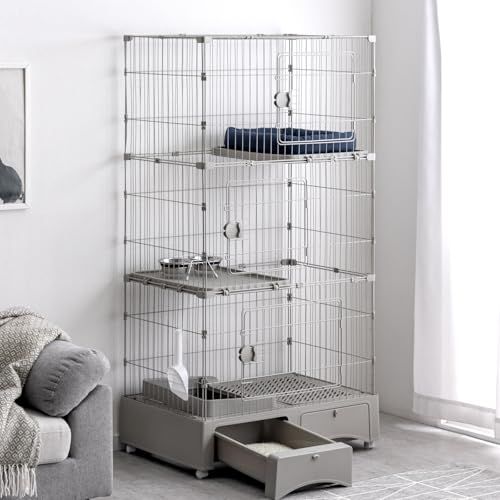タンスのゲン 猫ゲージ 3段 幅82 高さ157 トイレ付き キャスター付 丸洗いOK キャットケージ 引き出し 収納 52800019 90280 c2fa4d95