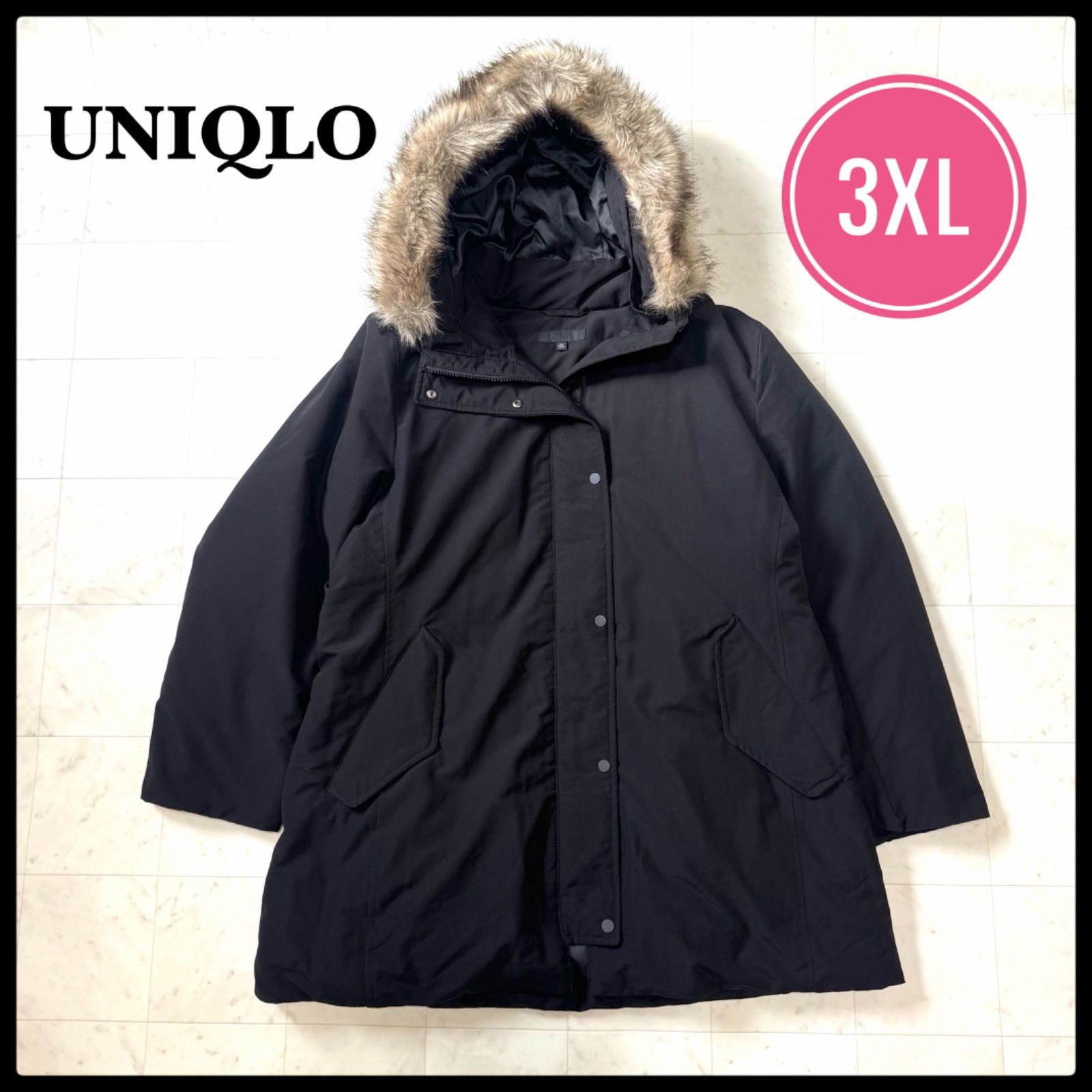 ユニクロ ノンキルトダウンショートコート ファー付き ブラック 3XL 