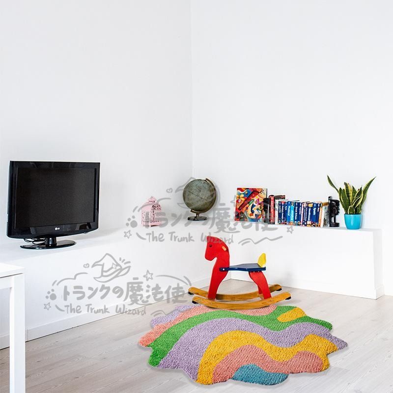 ラグ 絨毯 カーペット ふわふわ 波 幾何学模様 抽象的 洗濯機で洗える 95×95 カラフル なみなみ ラウンド 円 滑り止め リビング 寝室 CCDT1031p036 MARWIL-DEMENAGEMENTS_CH