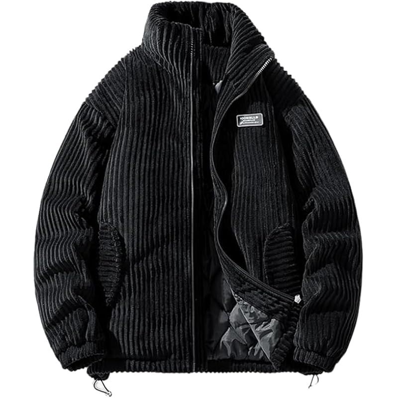 Poperdision コート メンズ 冬服 コーデュロイ ジャケット 大きいサイズ ゆったり 無地 中綿 厚手 防風 防寒 暖かい おしゃれ アウター 通勤 通学 男女兼用 シンプルデザイン トップス ファッションBlack-L