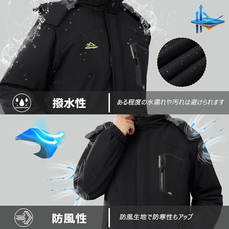 KEFITEVD ジャケット メンズ 冬 バイクジャケット 防寒着 防水 登山服 釣り 防寒着 作業着 防風 アウター 裏ボア マウンテンジャケット 冬服 黒 ブラック JP XL