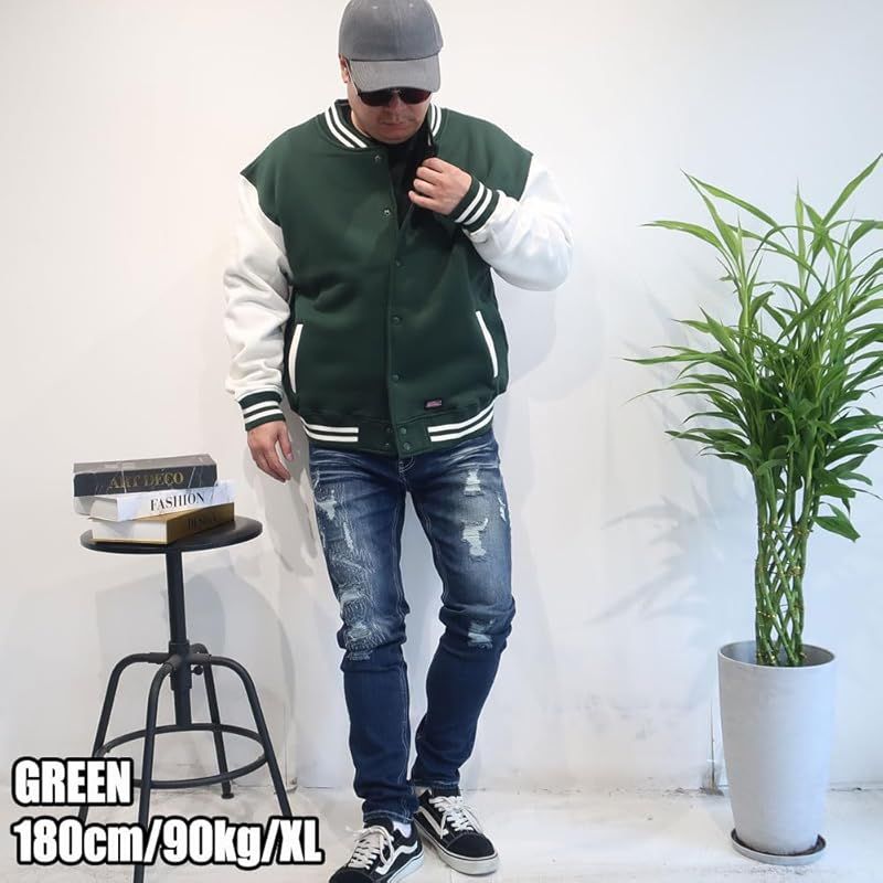 GENUINE Dickies ディッキーズ ブランド 裏起毛 スタジアムジャンパー バックチェーン刺繍 メンズ アウター ジャケット 防寒 M L XL 10001976 JP アルファベット M GREEN