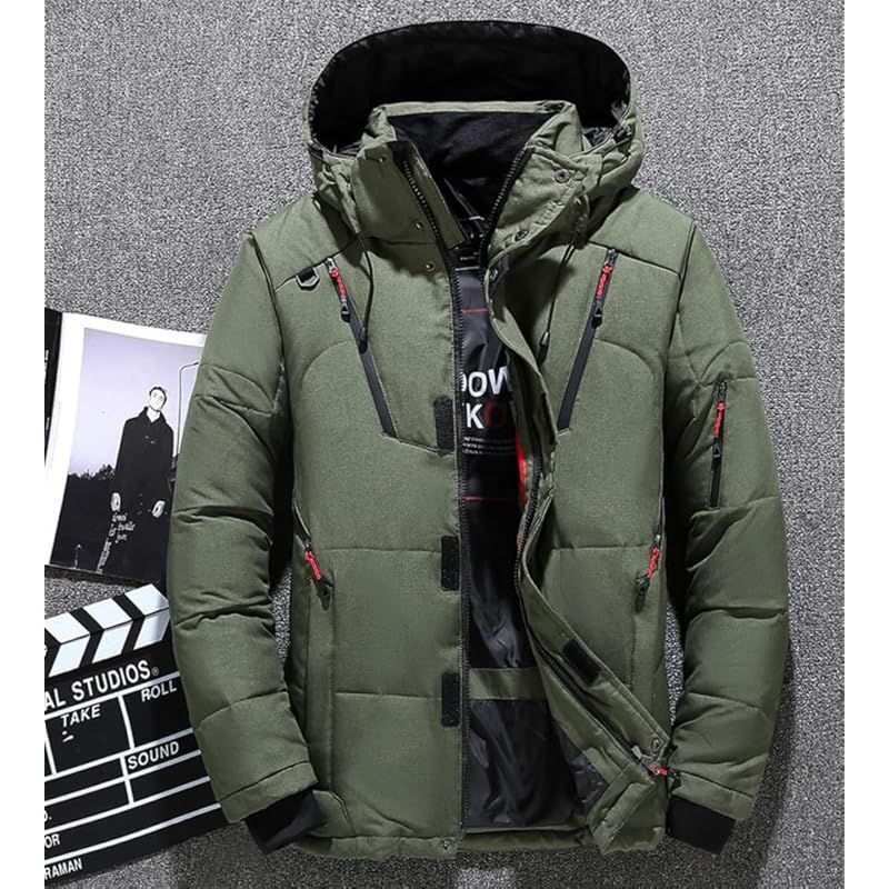 foveitaa ダウンジャケット メンズ 冬服 ウィンターダウンジャケット 秋冬アウター コート アウトドア フード付き ハイネック 防寒 暖かい アヒル 羽毛 アウター 分厚い ジャケット オシャレ トレンチコートgreen-4XL