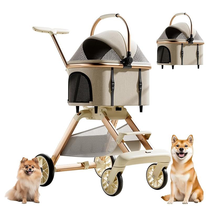 CozyMeow ペットカート 分離型 取り外し 4輪 犬 カート 多頭 小型犬 中型犬 耐荷重30 KG 折りたたみ 軽量 ベビーカー ドッグ バギー 前輪360°後輪ブレーキ付 コンパクト收 飛び出し防止 カーキ 1
