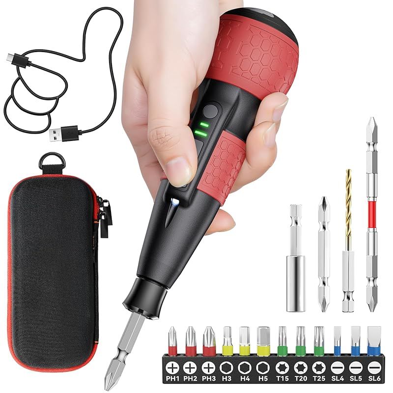 Yacooda 電動ドライバー 小型 2025新登場 高トルク 軸ブレなし 電動6 N m 手動15 強力 16点ビット付き 収納ケース付き USB C充電式 高輝度LEDライト 軽量 DIY 操作簡単 女性 対応 レッド 1