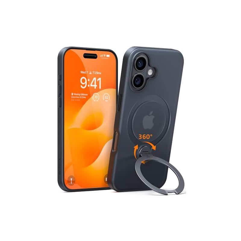 【多機能一体・360°新定点回転スタンド】TORRAS iPhone 16 用 ケース 縦横両対応 リング付き マグネット搭載 ワイヤレス充電対応 耐衝撃 防指紋 半透明 あいふおん16 用ケース Ostand Q3 Spin ブラック 0