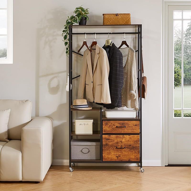 【Aibiju/ハンガーラック クローゼット ワードローブ 引き出し 棚付き】 Aibiju/ハンガーラック クローゼット ワードローブ 引き出し 棚付き