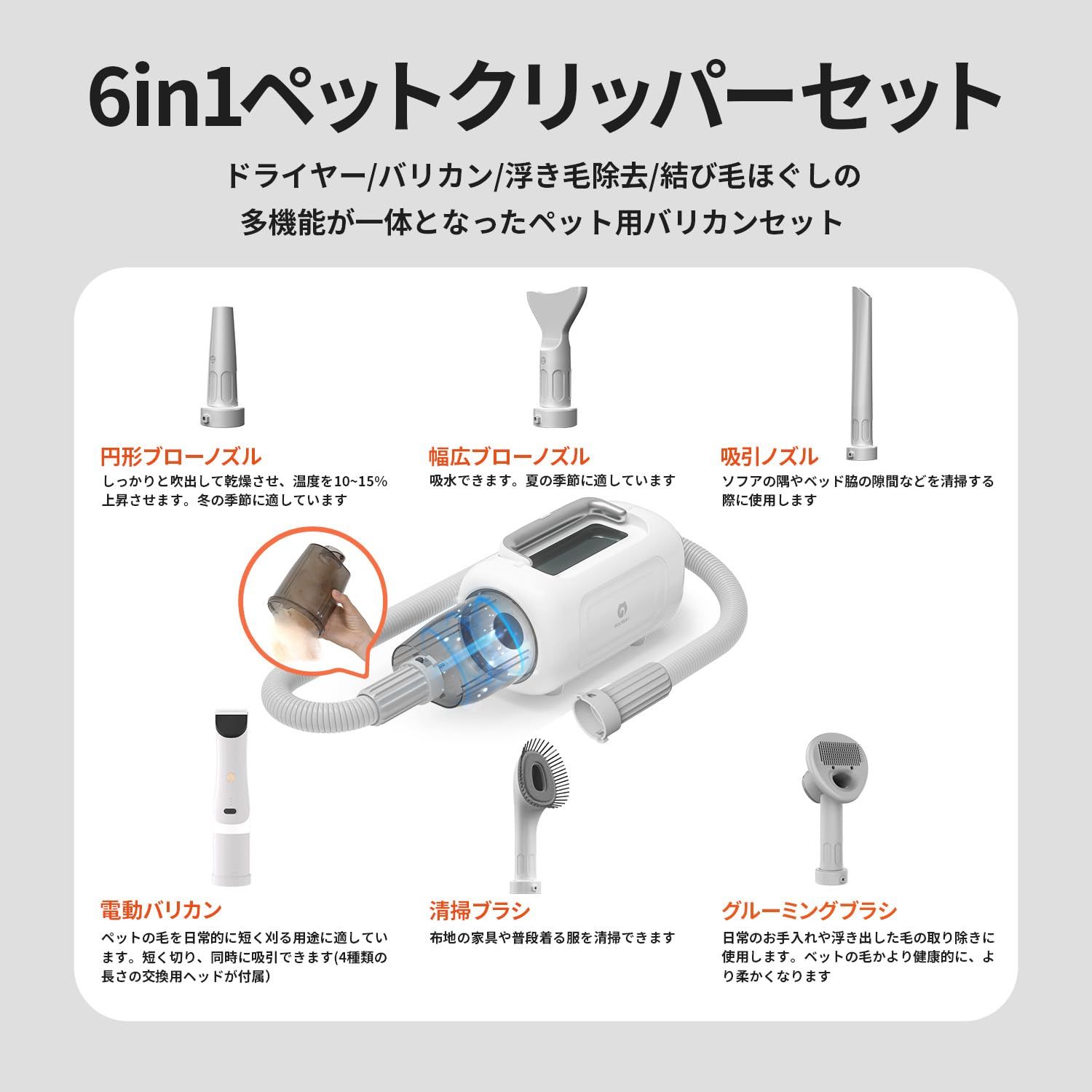 ドライヤーと掃除機一体型 GULIGULI ペット用バリカンセット 6in1 犬用バリカン 犬 猫美容器ペットグルーミングセット13300Pa 超強力吸引 ドライヤー 風力の5段階 整 恒温保護 2段階の吸引力 抜け毛を自動吸引 掃除