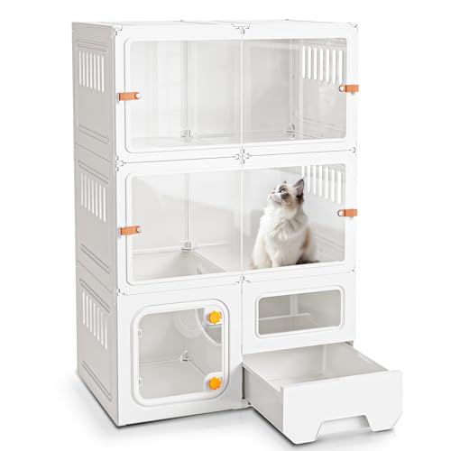 Topzoo 猫 ケージ トイレ付き 2段 トイレ一体型 防臭 飛散軽減 透明引き戸 幅70×奥行き45×高さ105cm キャットケージ 猫用ケージ 子猫 スリム おしゃれ スコップ付き クリア コンパクト 脱走防止 日本語説明書付き ホワイ 586124ff