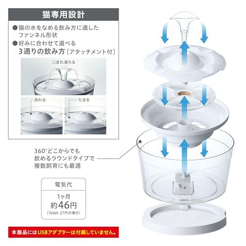  ジェックス ピュアクリスタル グラッシーR 猫用 1.5 L フィルター式給水器 コードレスポンプ-タンク USB電源 静音ポンプ フィルター付き c 139 f 790 その他 キッチン 食器