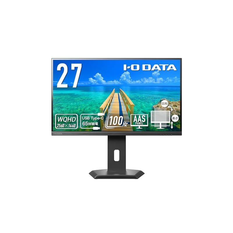 IODATA モニター 27インチ WQHD 100Hz Type-C給電 USBハブ 搭載 縦横回転 AASパネル 非光沢 ブラック 省スペース HDMI×1 DisplayPort×1 USB-C×1 USB-A×3 スピーカー付 高さ調整 VESA 0
