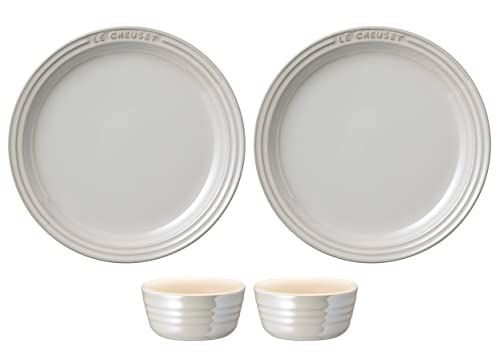 ル クルーゼ Le Creuset ラウンド プレート セット ホワイトラスター 皿19cm ラムカン 4点セット 耐熱 耐冷 電子レンジ オーブン 食洗器 対応 結婚祝い 記念日 ブライダル ギフト プレゼント 引出物 オーブン皿 耐熱皿 bcd69c9e