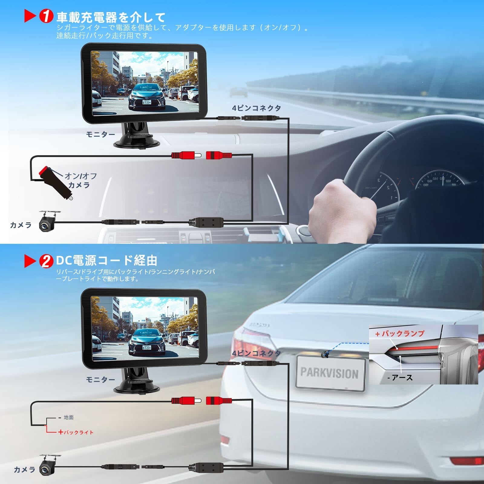 PARKVISION 1080Pバックカメラセット AHDリアカメラ フロントカメラ兼用 7インチオンダッシュモニター ノイズ対策 トラック対応 暗視機能 常時使用 140度広角 DIYガイドライン 正像 鏡像切替 穴開けなく シガーソケット給電 初 BRIGHTFACE_UK