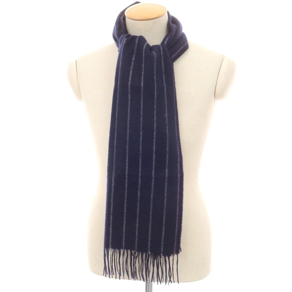 中古】フェアファクス FAIRFAX カシミヤ ストライプ マフラー ネイビー