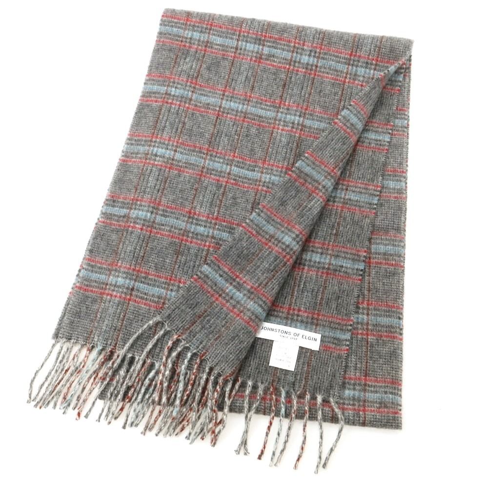 ジョンストンズ JOHNSTONS カシミヤ チェック マフラー グレーxレッド メンズ