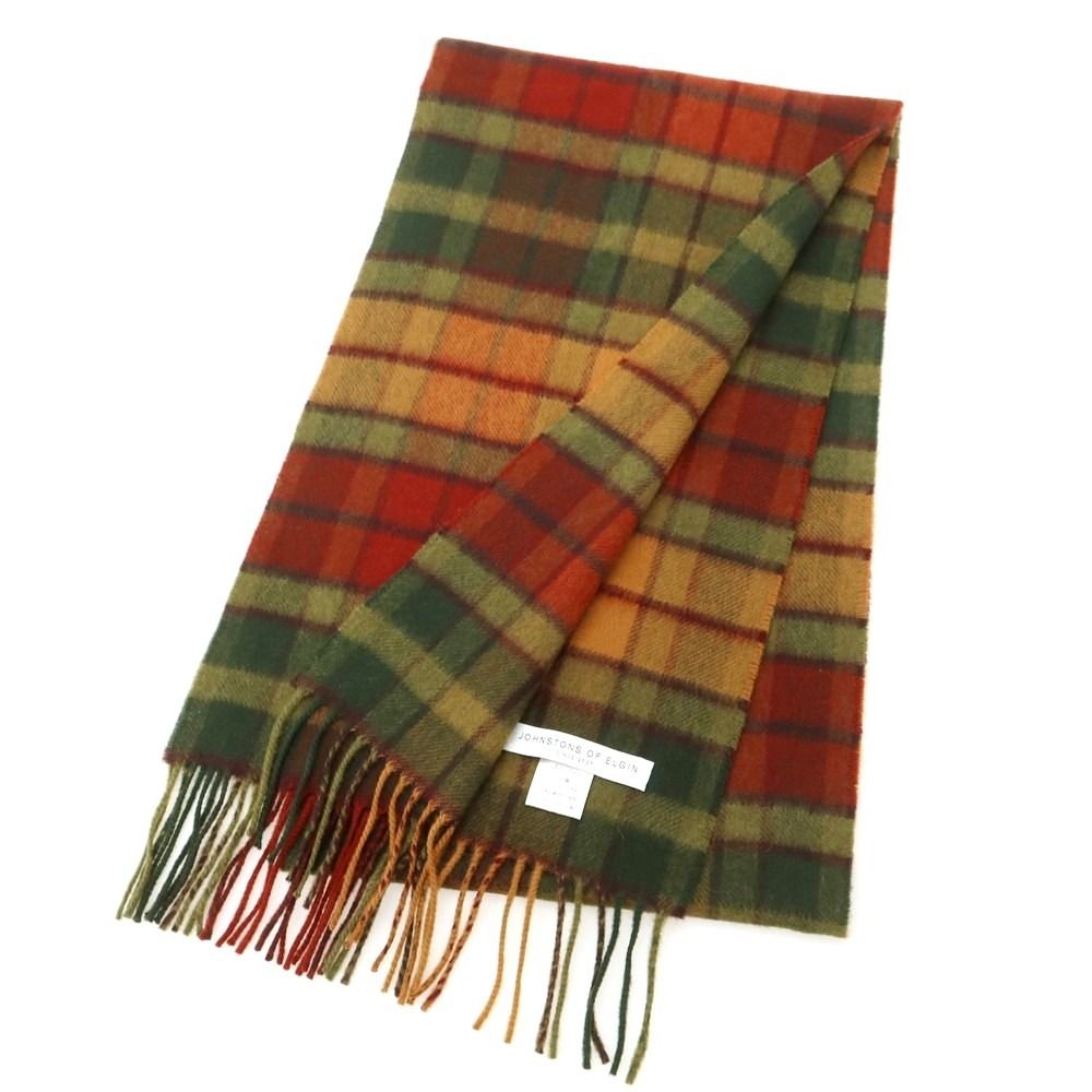 ジョンストンズ JOHNSTONS カシミヤ チェック マフラー カーキxブリックレッド メンズ