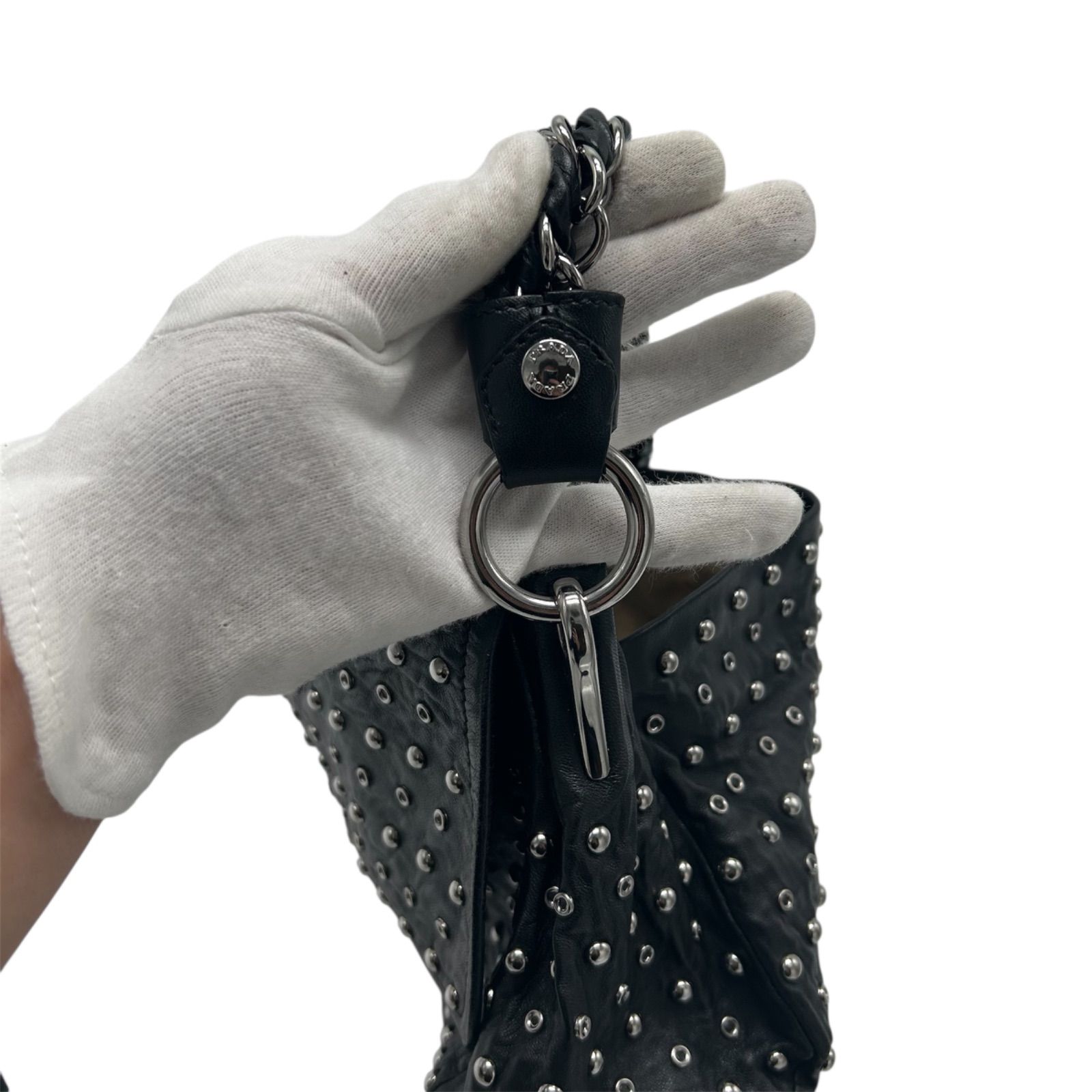 品 PRADA プラダ スタッズ チェーン ハンドバッグ ショルダー 肩掛け シルバー金具 白タグ有 ギャランティーカード レザー ブラック メンズ レディース ユニセックス DECORATOM_COM_BR