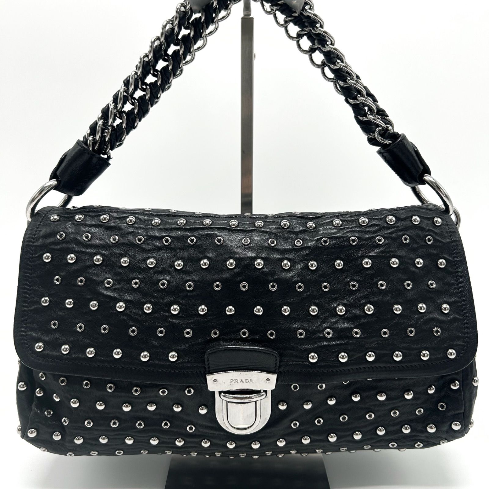 品 PRADA プラダ スタッズ チェーン ハンドバッグ ショルダー 肩掛け シルバー金具 白タグ有 ギャランティーカード レザー ブラック メンズ レディース ユニセックス