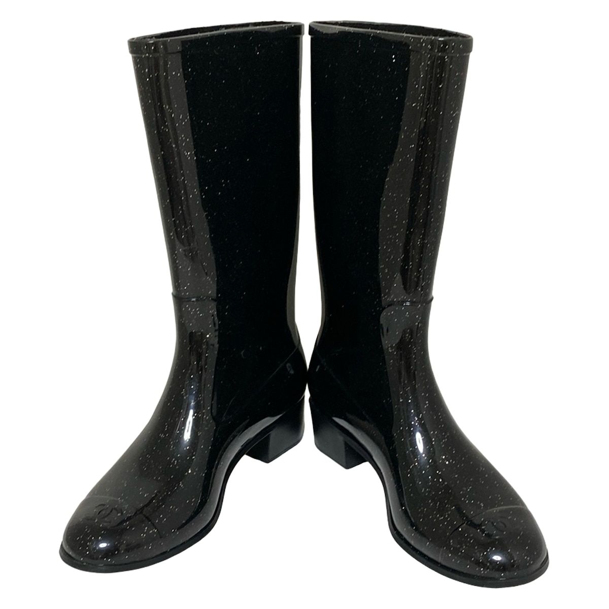 CHANEL シャネル レインブーツ 38 レディース - 黒 ラメ カメリア インソール取外し可