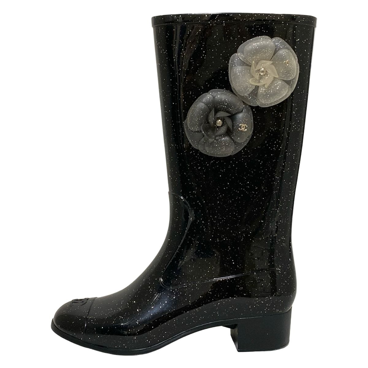 CHANEL シャネル レインブーツ 38 レディース - 黒 ラメ カメリア インソール取外し可