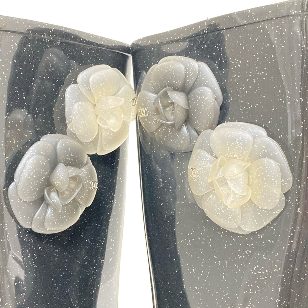  CHANEL シャネル レインブーツ 38 レディース - 黒 ラメ カメリア インソール取外し可 レインシューズ 長靴 レインシューズ