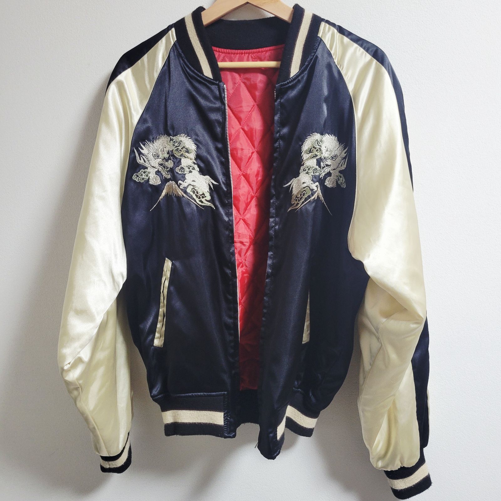 龍刺繍 スカジャン 中綿入り LLサイズ ブラック×アイボリー