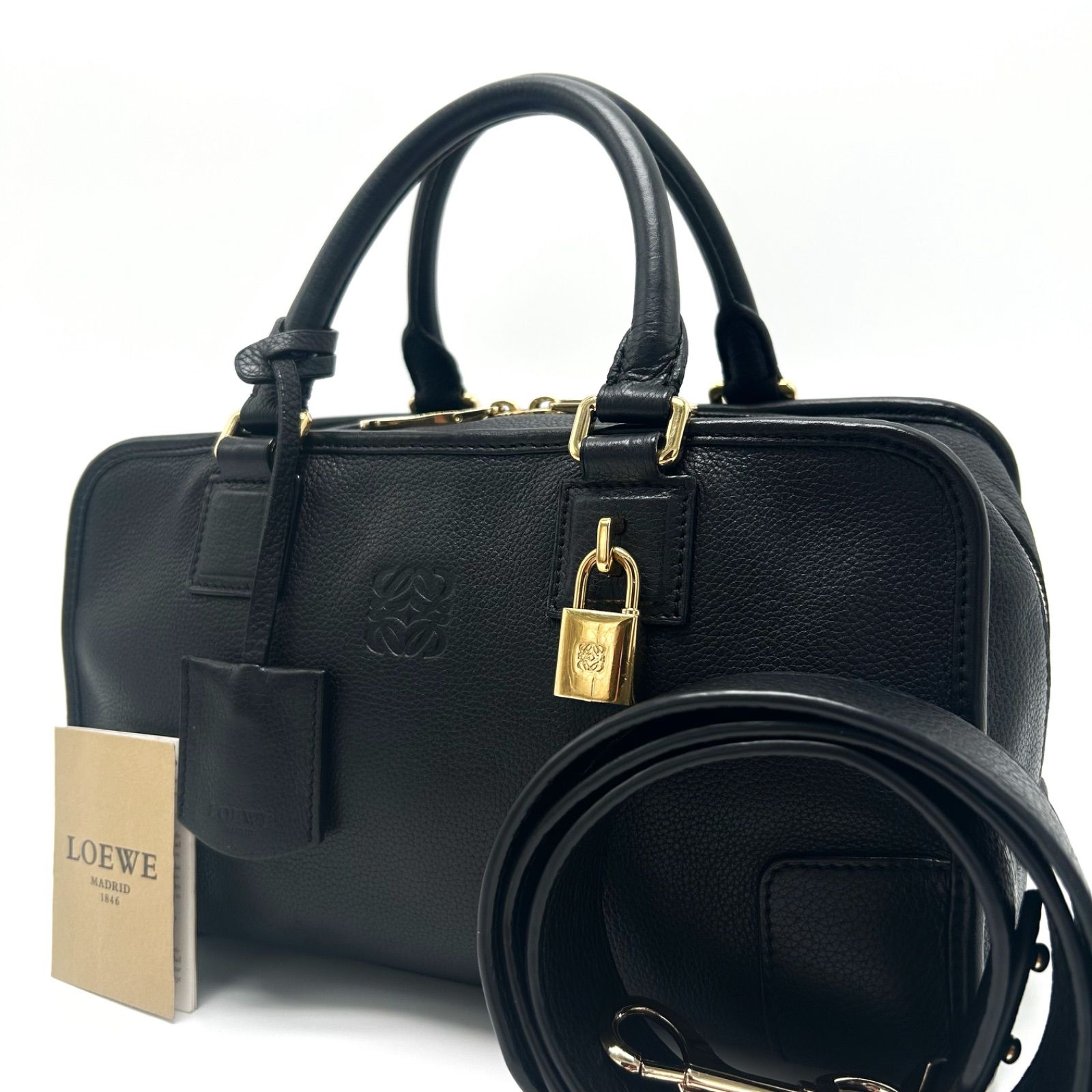 LOEWE ロエベ アナグラム アマソナ28 ハンドバッグ 2WAY ミニボストン ショルダー 肩掛け 斜めがけ ゴールド金具 南京錠 カデナ レザー ブラック メンズ レディース ユニセックス