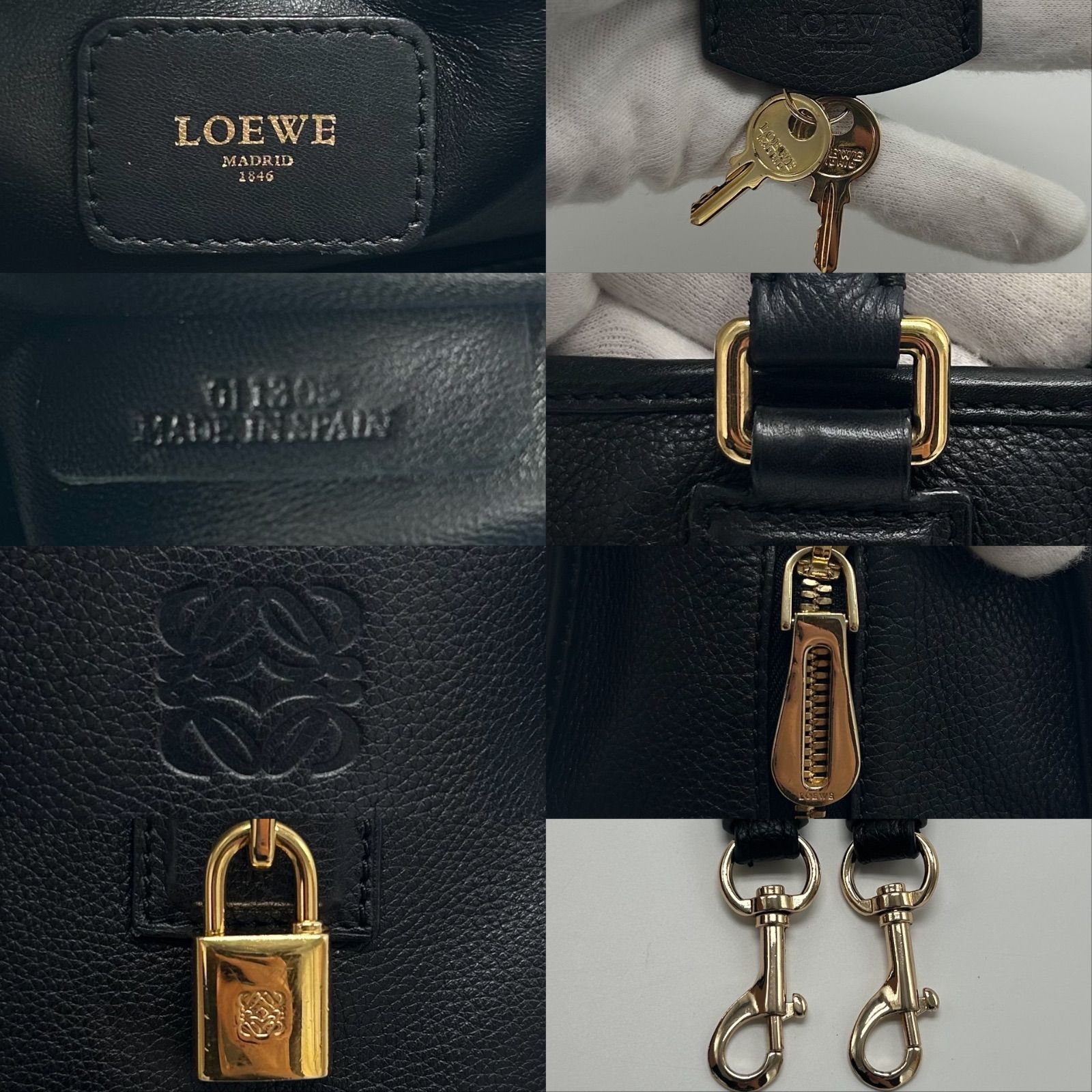 LOEWE ロエベ アナグラム アマソナ28 ハンドバッグ 2WAY ミニボストン ショルダー 肩掛け 斜めがけ ゴールド金具 南京錠 カデナ レザー ブラック メンズ レディース ユニセックス DECORATOM_COM_BR