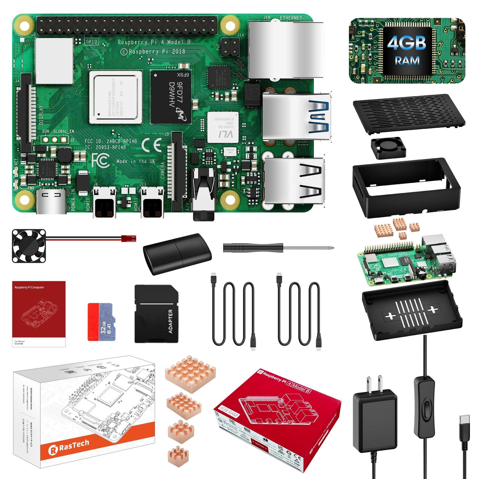 Raspberry Pi 4 Model B RAM 4GB Pi4 RasTech 4gb セット ラズベリーパイ4b 技適マーク付き 32GB カード 5V 3A スイッチ付き電源アダプター HD OUTケーブルライン CAT6ネットケーブル