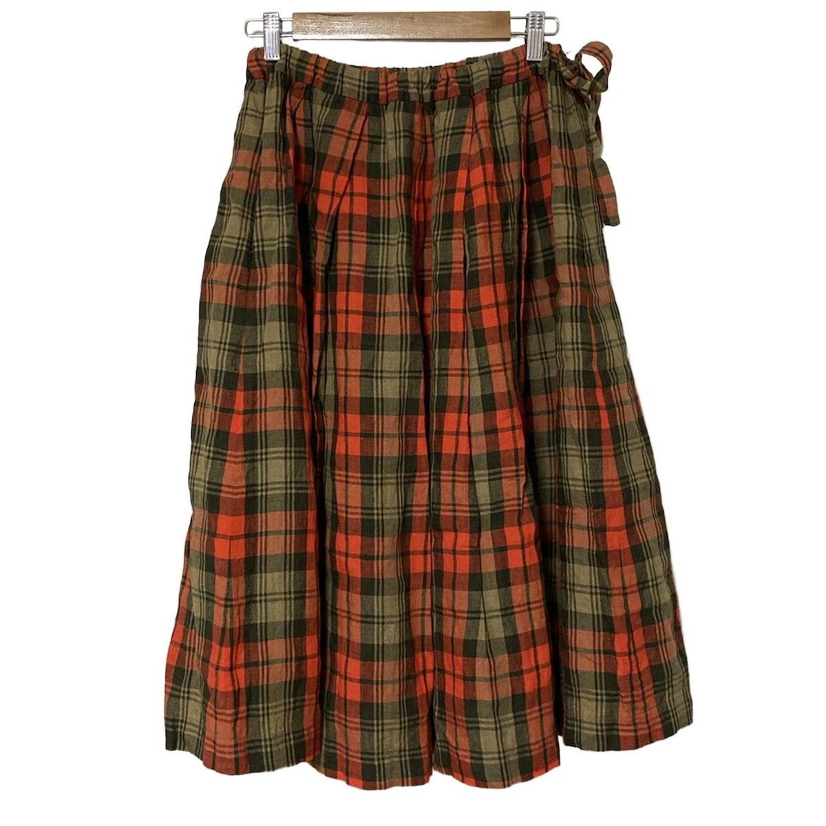 オニールオブダブリン ロングスカート サイズI 40 レディース - ベージュ×レッド×カーキ 麻 チェック柄 ウエストゴム