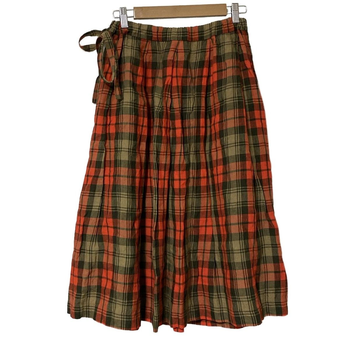 オニールオブダブリン ロングスカート サイズI 40 レディース - ベージュ×レッド×カーキ 麻 チェック柄 ウエストゴム