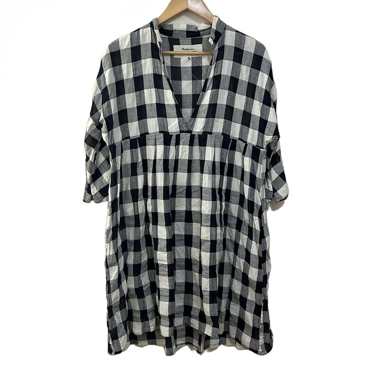 Veritecoeur ヴェリテクール ワンピース サイズF レディース - ダークネイビー×白 七分袖 ひざ丈 チェック柄