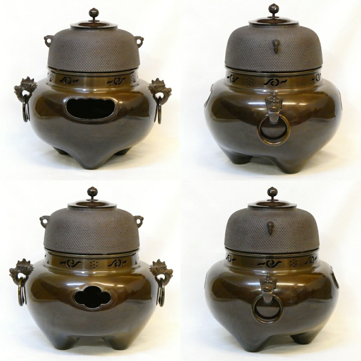 経年 唐銅 切合 鬼面風炉 霰地紋丸釜添え 釜師 高橋敬典 唐銅風炉師 麻生雄芳 合作 茶道具