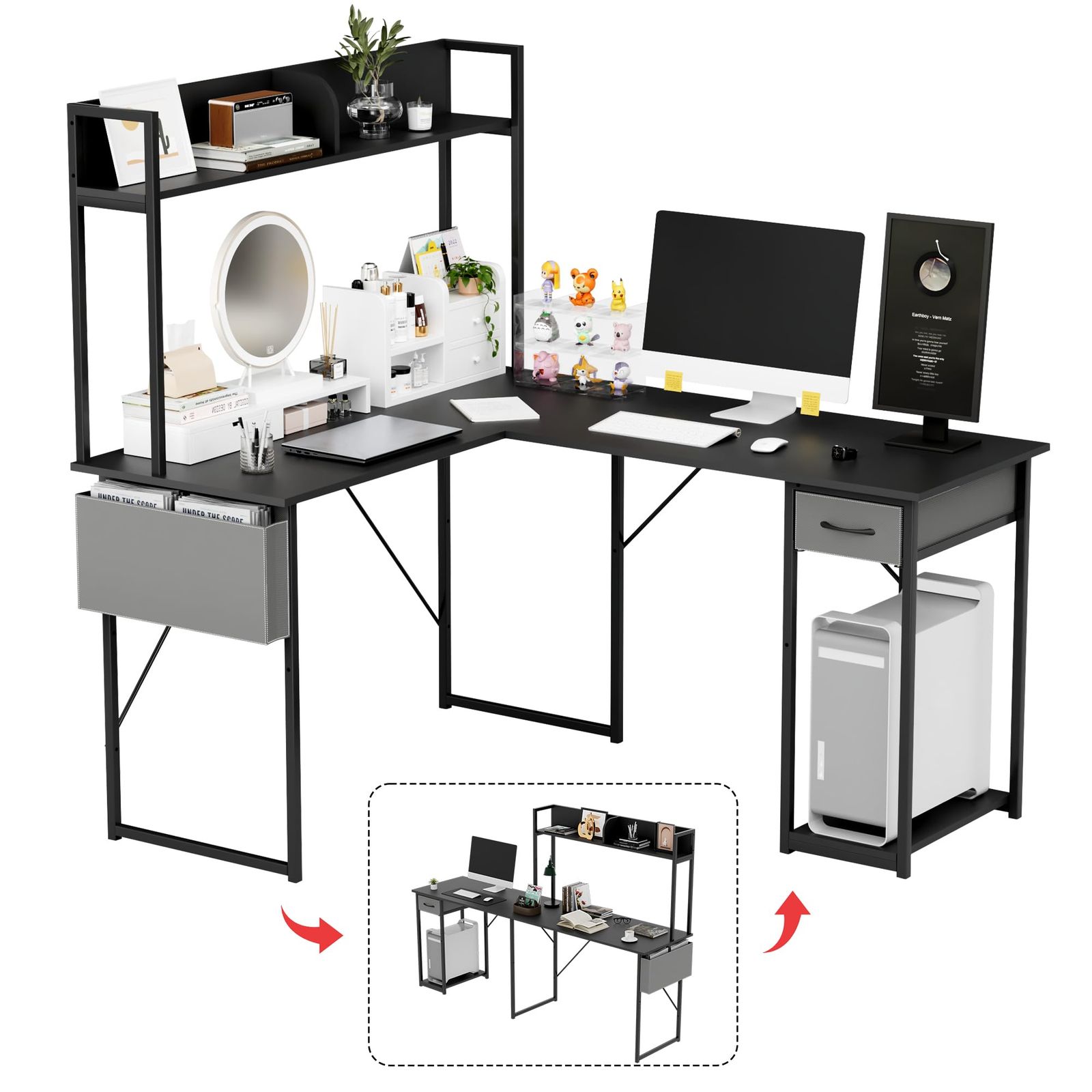 Alebert｢アレベルト｣ L字デスク パソコンデスク ラック付き 机 L型 左右組み換え自由 並べ設置 コンセント 棚 PC本体収納 モニターアーム対応 多層収納 l字型デスク オフィスデスク コーナーデスク 棚板高さ調節 省スペース 幅14