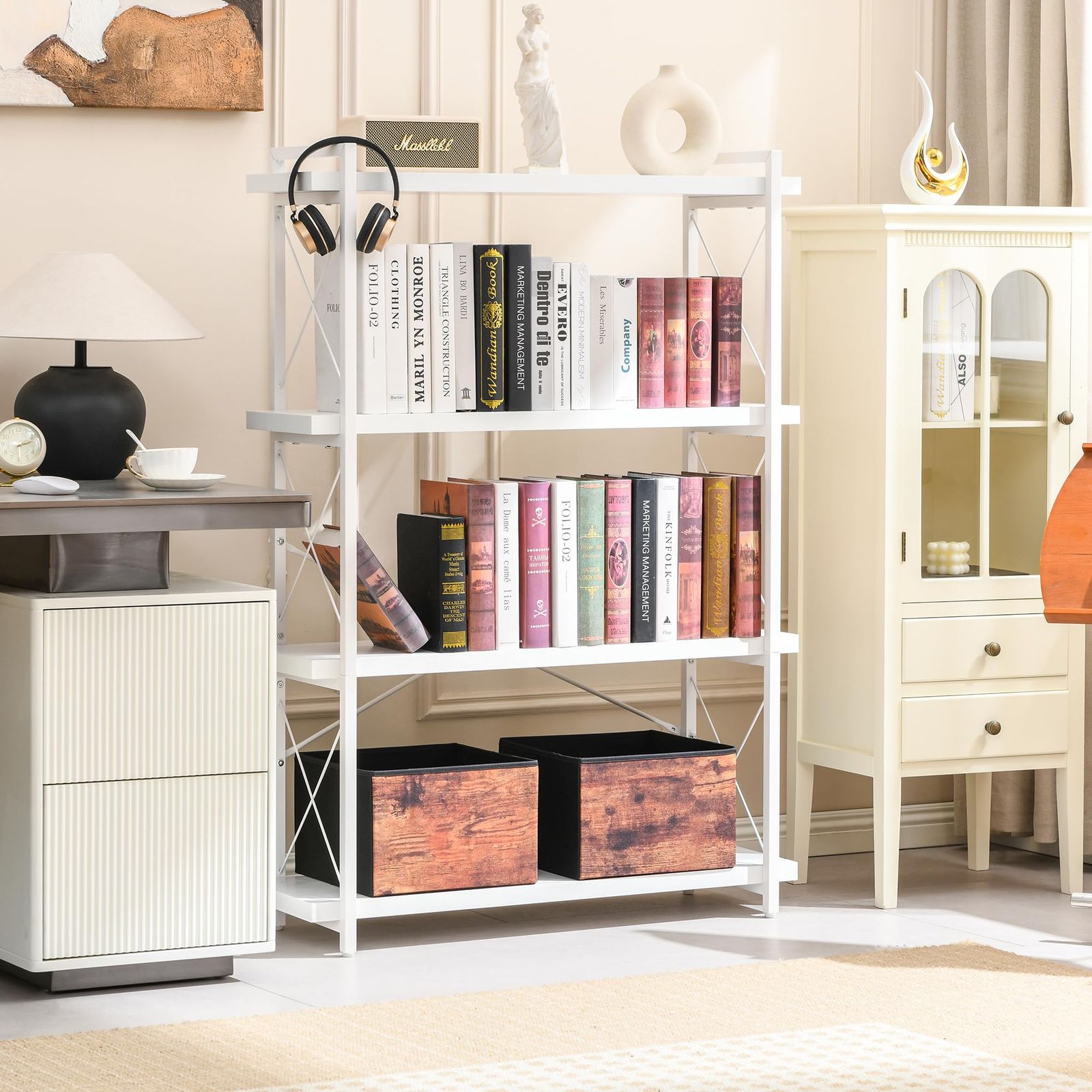 HCHQHS オープンラック オープンシェルフ 4段 幅90 木製 収納 棚 おしゃれ 本棚 オープンラック キッチンラック リビングラック 木目調 組立簡単 ホワイト