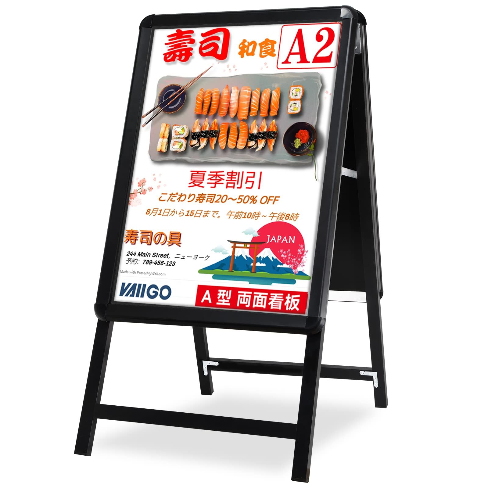 VAIIGO A型看板 A2 両面 立て看板 ポスターパネルスタンド 折りたたみ式 案内板 スタンドボード メニュースタンド 掲示板 イベント受付 店舗用看板 屋内 屋外対応 ブラック A2 両面