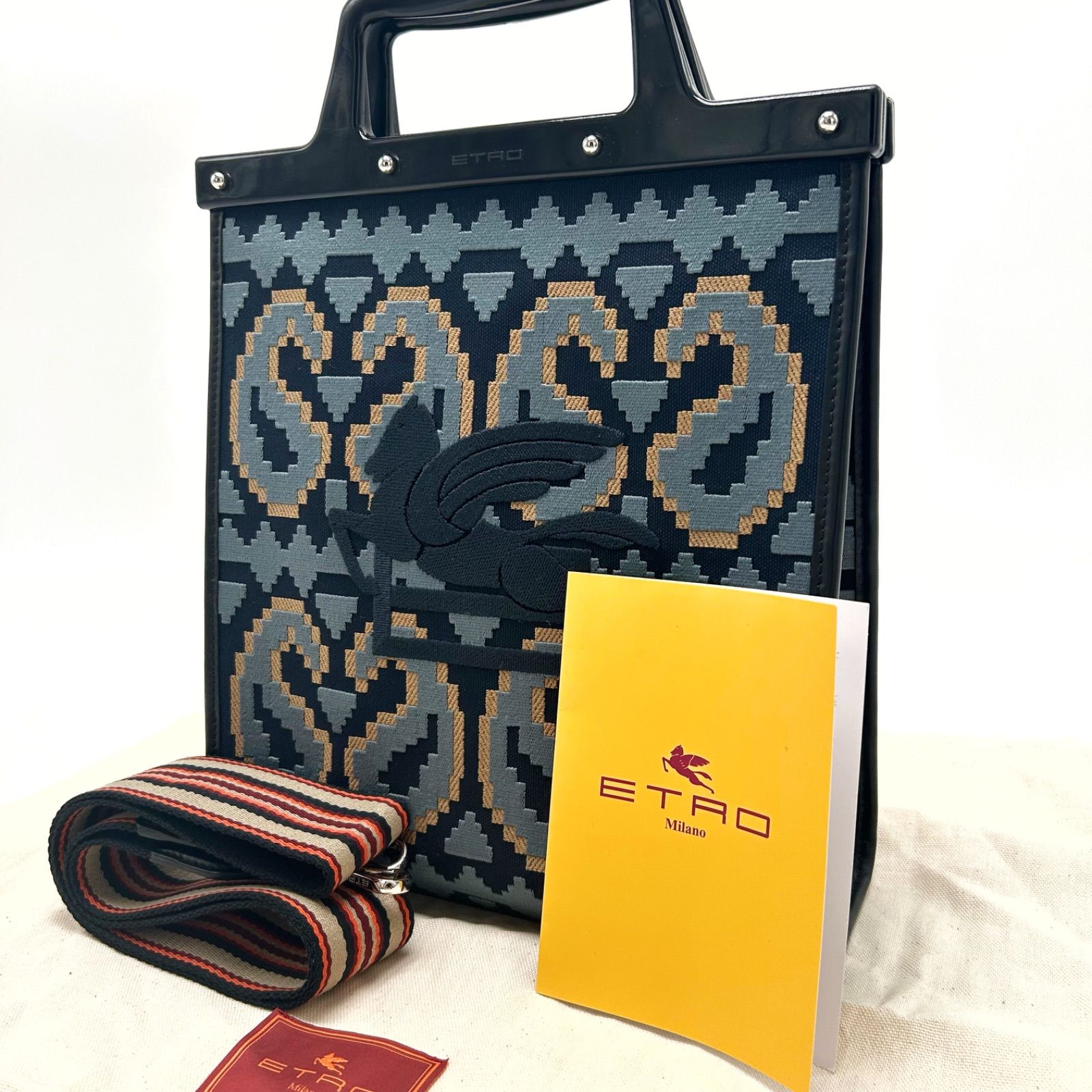 級 ETRO エトロ ペガサス ハンドバッグ 2 WAY ラブトロッター ショルダー 肩掛け 斜めがけ ペイズリー ジャガード 刺繍 ネイビー シルバー金具 メンズ レディース ユニセックス