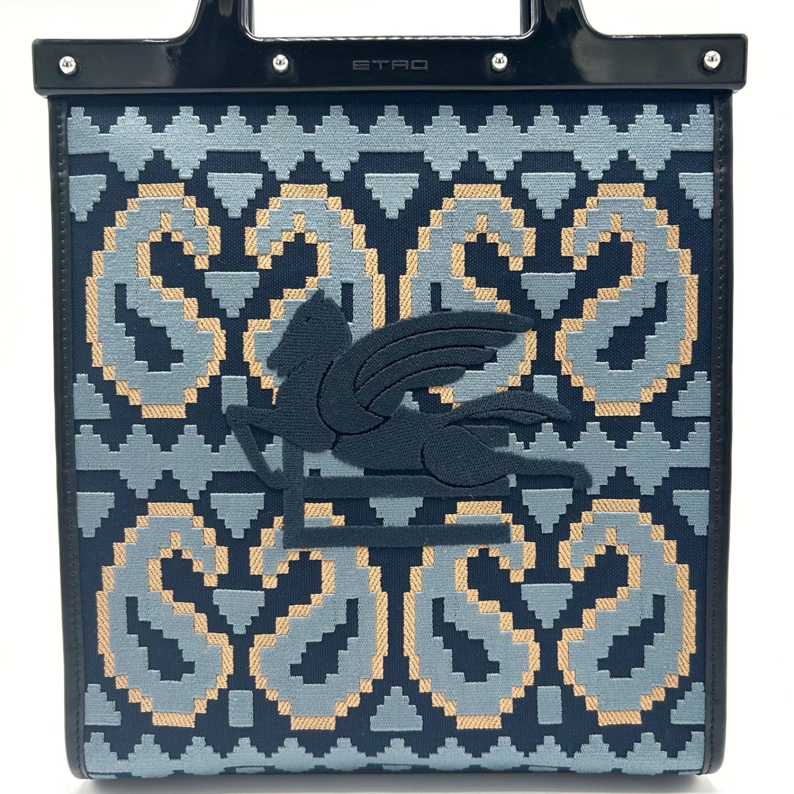 級 ETRO エトロ ペガサス ハンドバッグ 2WAY ラブトロッター ショルダー 肩掛け 斜めがけ ペイズリー ジャガード 刺繍 ネイビー シルバー金具 メンズ レディース ユニセックス