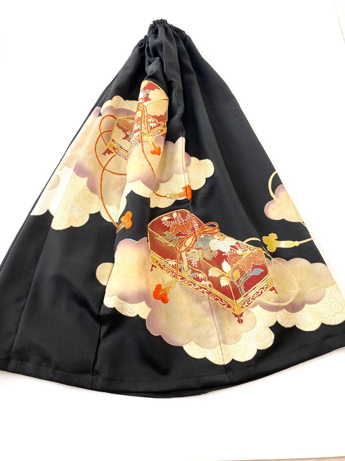 大人 セレブ着物スカートフリーサイズ1点物黒留袖着物リメイクウエストゴムロングスカートフリーサイズ