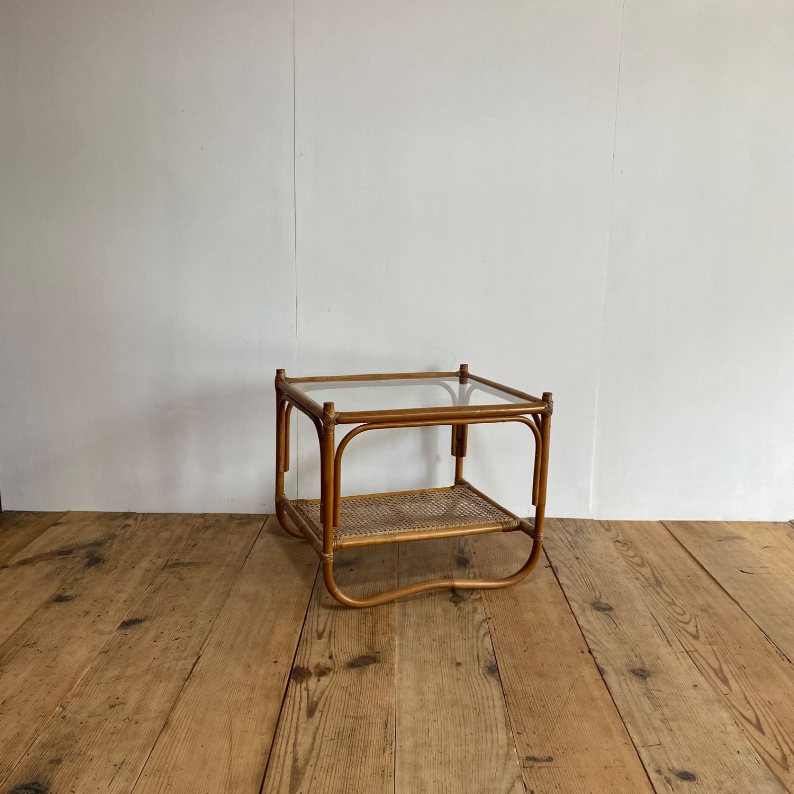 ヴィンテージ ラタン ガラス テーブル 机 籐 レトロ z900