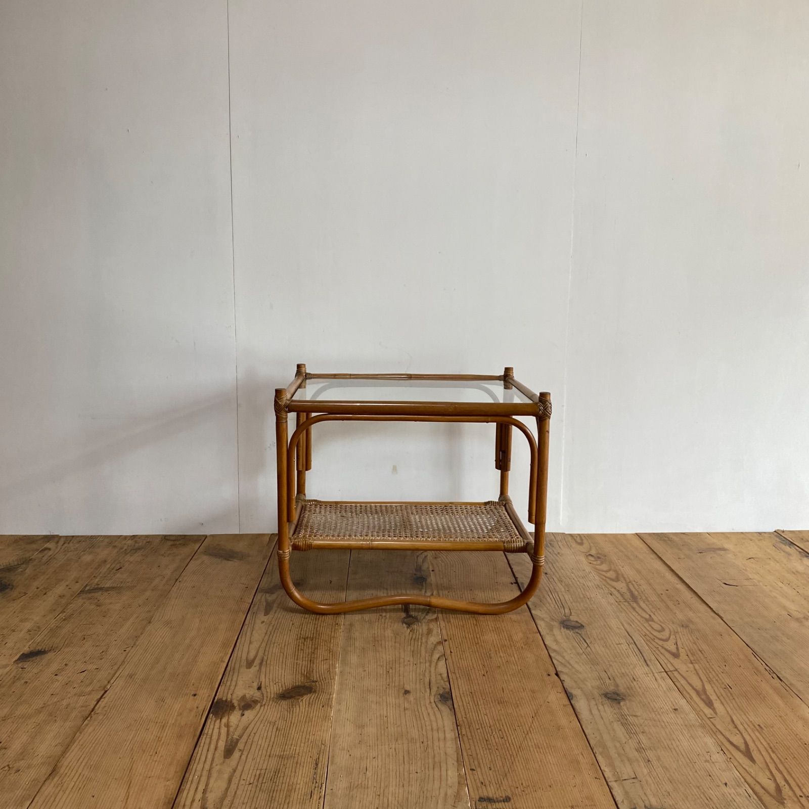 ヴィンテージ ラタン ガラス テーブル 机 籐 レトロ z900