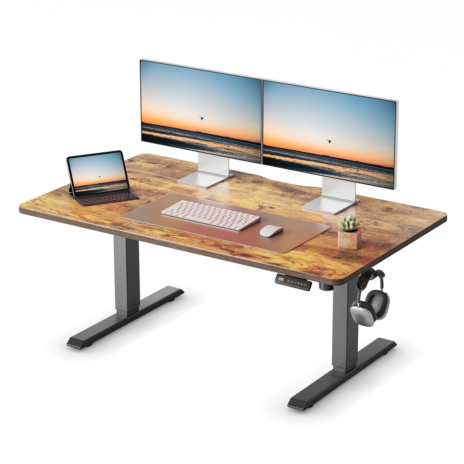 FEZIBO 電動 昇降デスク ロータイプ 幅120cm 奥行60cm 高さ48-72cm 上下昇降デスク 自動昇降式デスク 高さメモリー機能 静音 衝突検知 pc 昇降式 ゲーミングデスク ブラウン天板