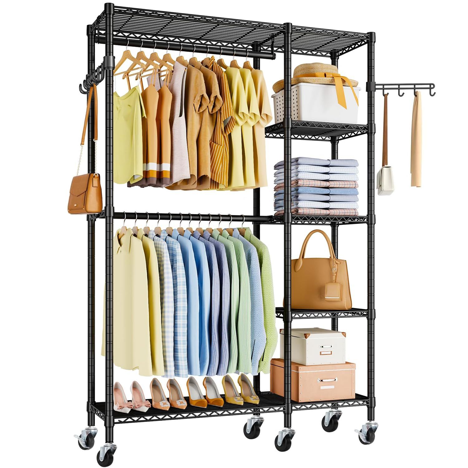 Goodraio ハンガーラック 頑丈 2段 大容量 洋服ラック 耐荷重260kg ワードローブ 2段 クローゼット 洋服掛け 省スペース&キャスター付き おしゃれ 高さ調節 防サビ加工 衣類収納 組み立て簡単 家庭用 ワードローブ 日本語説明書付き