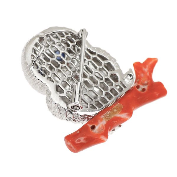 K18WG 枝珊瑚 サファイア ダイヤモンド ブローチ兼ペンダントトップ S0.53ct D0.37ct フクロウ