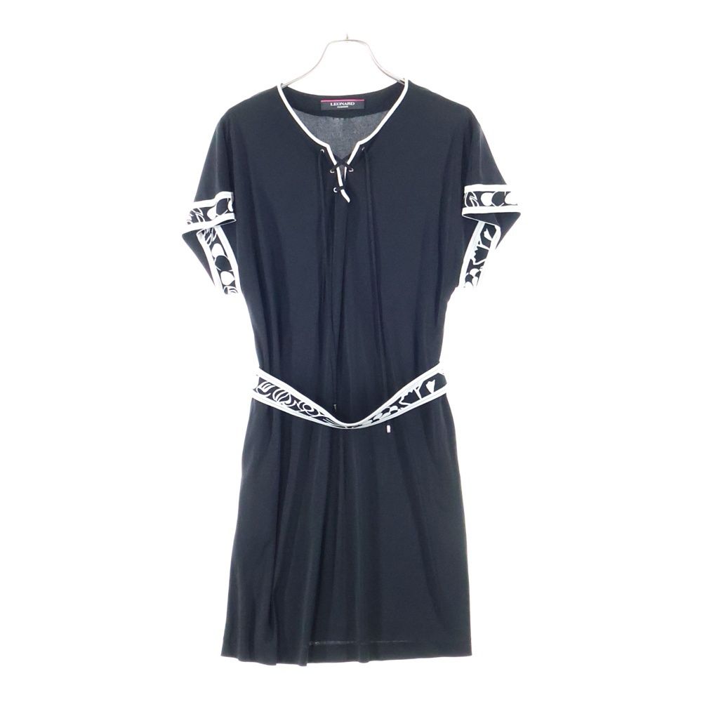 LEONARD レオナール 袖切替 ヘンリーネック 半袖 ワンピース レディース ブラック 0130262