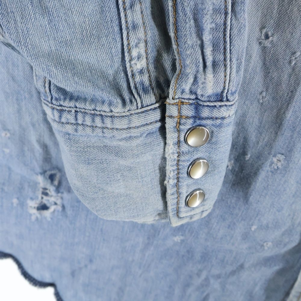  SAINT LAURENT PARIS サンローランパリ 19 AW ダメージ加工 ウエスタン スナップボタン デニムシャツ インディゴ レディース 601702 長袖 Tシャツ カットソー