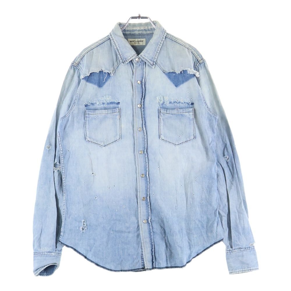 SAINT LAURENT PARIS サンローランパリ 19AW ダメージ加工 ウエスタン スナップボタン デニムシャツ インディゴ レディース 601702