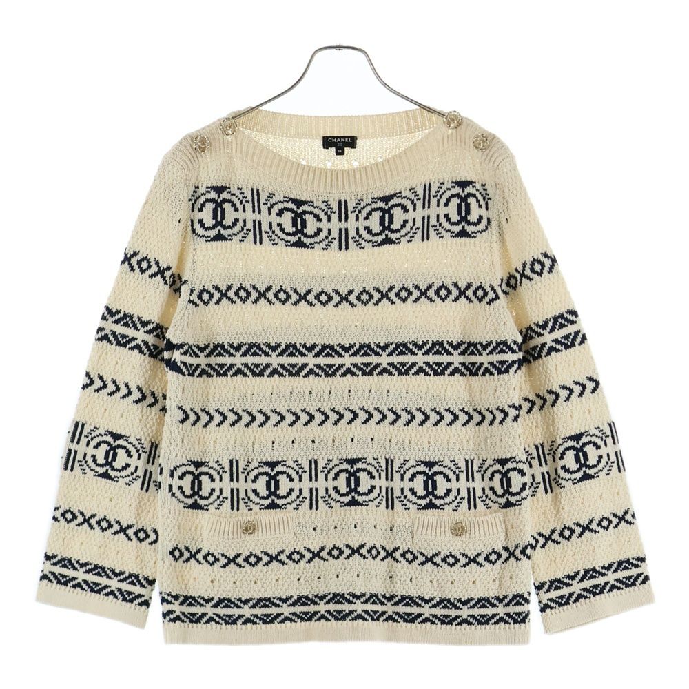 CHANEL シャネル 20P スプリング ココマークボタン コットン ペーパー プルオーバー 長袖 ニット セーター ホワイト ネイビー レディース P63046K48844