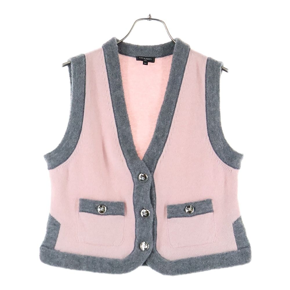 CHANEL シャネル ココマーク ラインストーン ボタン カシミヤ ノースリーブ ニット ベスト カーディガン ピンク グレー レディース P71357K10217